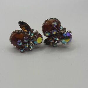 Judy Lee Earrings Vintage AB Rhinestone Amber Art Glass Clip On A1102